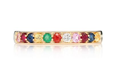 Multi-Colored Gemstone & Diamond Band 14k Solid Gold 0.30ctw