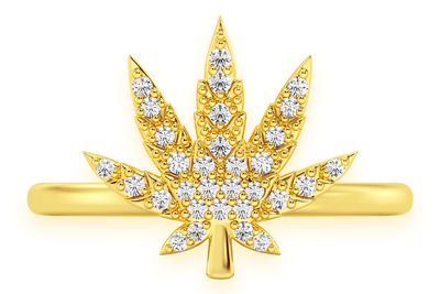 Cannabis Leaf Diamond Ring 14k Solid Gold 0.15ctw