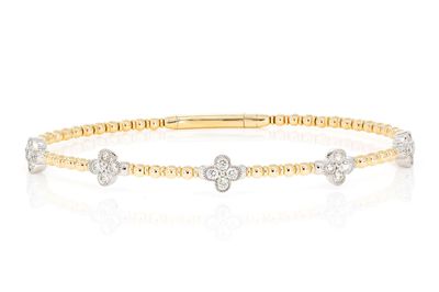 Beaded And Diamond Clover Milgrain Flex Bangle Bracelet 0.60ctw 14k Solid Gold 