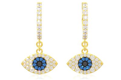 Evil Eye Dangling Hoop Diamond Earrings 14k Solid Gold 0.55ctw