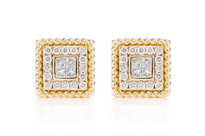 Quad Center Diamond Halo Rope Border Stud Earrings 14k Solid Gold 0.50ctw 