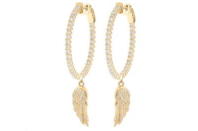 Feather Wing Dangling Hoop Diamond Earrings 14k Solid Gold 3.33ctw