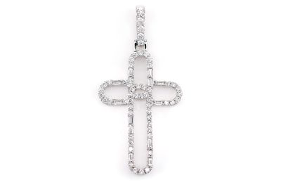 Open Baguette And Round Diamond Trinity Cross Pendant 14k Solid Gold 0.38ctw