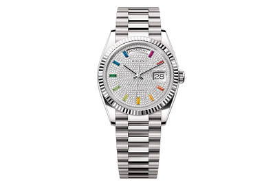 Rolex - Day Date 36 - 128239 - White Gold Pave Rainbow Baguette Dial