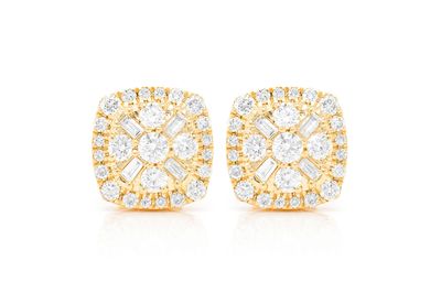 Baguette Flower Stud Diamond Earrings 14k Solid Gold 1.00ctw