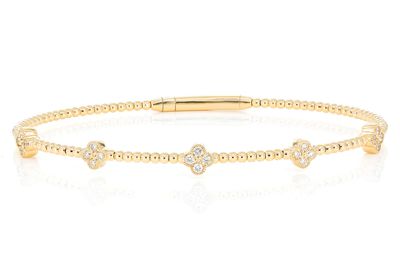 Beaded And Diamond Clover Milgrain Flex Bangle Bracelet 0.33ctw 14k Solid Gold 