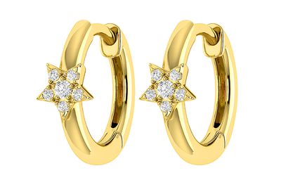 Star Diamond Hoop Earrings 14k Solid Gold 0.05ctw