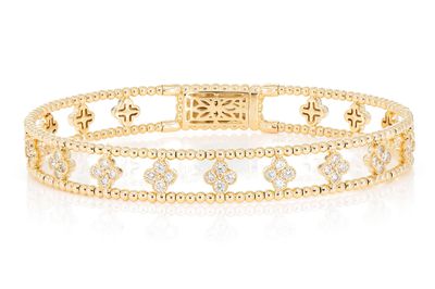 Diamond Beaded Open Clover Flex Bangle Bracelet 0.90ctw 14k Solid Gold 