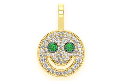 Emerald Eyes Smiley Face Diamond Pendant 14k Solid Gold 0.33ctw