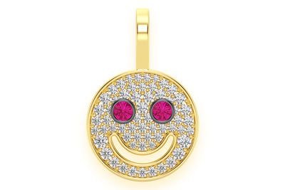 Ruby Eyes Smiling Face Diamond Pendant 14k Solid Gold 0.40ctw