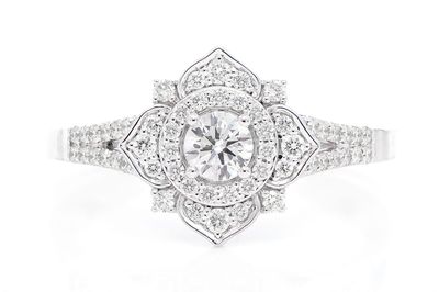 0.50ctw Deco Floral Diamond Engagement Ring- 14k Solid Gold - All Natural