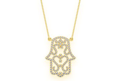 Hamsa Scroll Diamond Necklace Connected 14k Solid Gold 0.50ctw