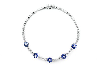 Diamond And Sapphire Five Flower Tennis Bracelet 14k Solid Gold 0.50ctw