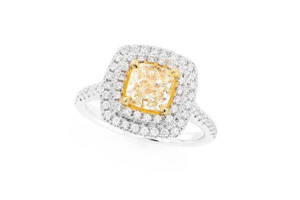 2.00ct Cushion Fancy Yellow Diamond Double Halo Diamond Ring 14k Solid Gold