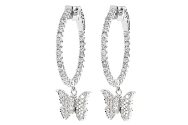 Butterfly Dangling Diamond Hoop Earrings 14k Solid Gold 1.75ctw