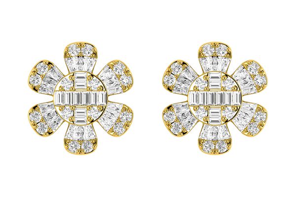 Floral Baguette & Round Diamond Stud Earrings 14k Solid Gold 0.50ctw