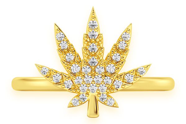 Cannabis Leaf Diamond Ring 14k Solid Gold 0.15ctw