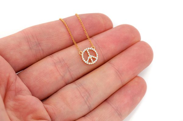 Peace Sign Diamond Necklace Connected 14k Solid Gold 0.15ctw