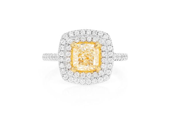 2.00ct Cushion Fancy Yellow Diamond Double Halo Diamond Ring 14k Solid Gold