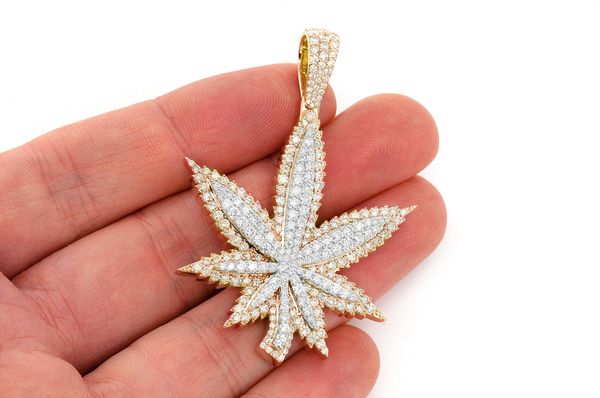 Cannabis Leaf Double Layer Diamond Pendant 14k Solid Gold 4.70ctw