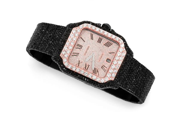 Cartier Santos De Cartier 40MM (4072) - 20.00ctw Fully Iced Out Black & White Diamonds