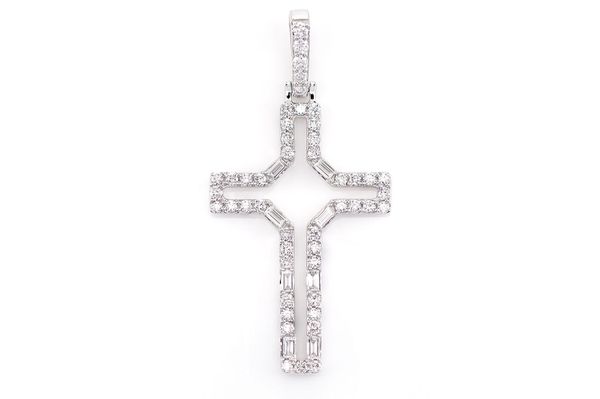 Open Round And Baguette Diamond Cross Pendant 14k Solid Gold 0.50ctw