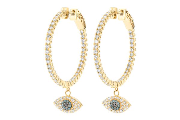 Evil Eye Dangling Diamond Hoops 14k Solid Gold 2.00ctw