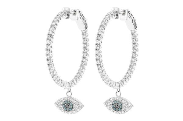 Evil Eye Dangling Diamond Hoops 14k Solid Gold 2.00ctw