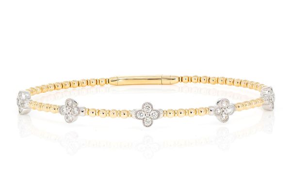 Beaded And Diamond Clover Milgrain Flex Bangle Bracelet 0.60ctw 14k Solid Gold 