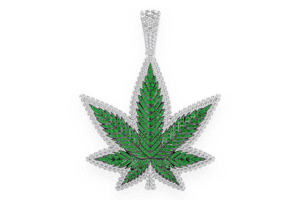 Cannabis Leaf Emerald & Diamond Pendant 14k Solid Gold 7.75ctw