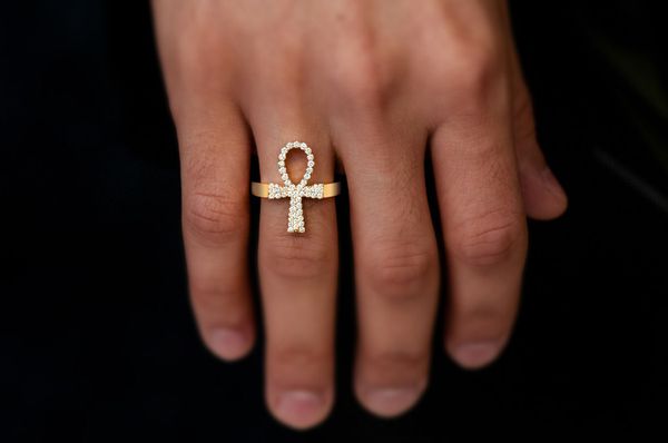 Ankh Signet Diamond Ring 14k Solid Gold 0.60ctw