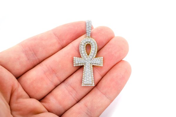 Ankh Double Layer Diamond Pendant 14k Solid Gold 2.10ctw