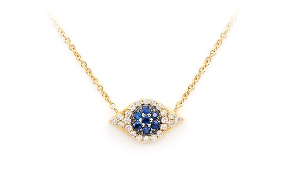 Evil Eye Sapphire & Diamond Necklace 14k Solid Gold 0.20ctw