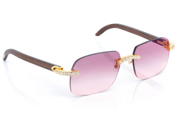 Icebox Cartier Glasses Iced Out Diamonds On Wood Rimless Pink Fade Lens 5.50ctw Yellow Gold