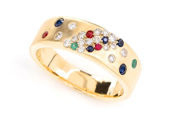 Scattered Cluster Multi Gem And Diamond Band Ring 14k Solid Gold 0.38ctw