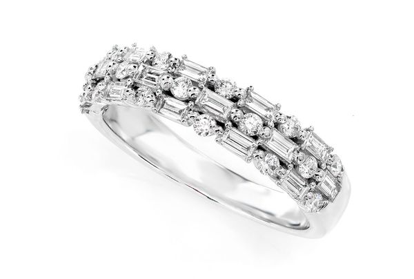 Three Row Alternating Round And Baguette Diamond Ring 14k Solid Gold 0.90ctw