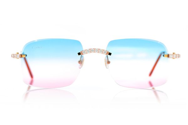 Cartier Glasses Iced Out Diamonds Rimless - Blue Pink Fade Lens - 3.00ctw - Rose Gold