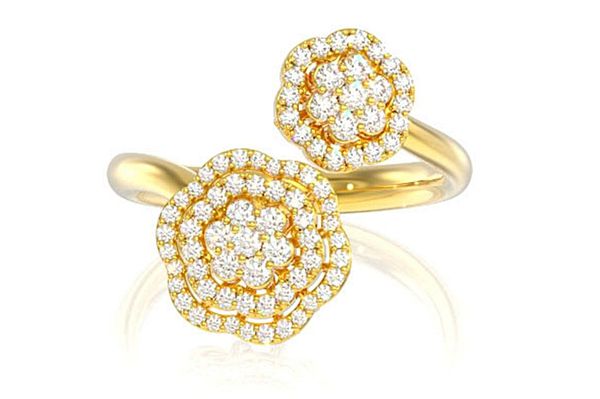 Floral Double Halo Diamond Bypass Ring 14k Solid Gold 0.35ctw