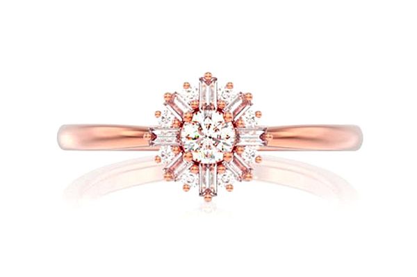 Round Floral Baguette Diamond Ring 14k Solid Gold 0.35ctw