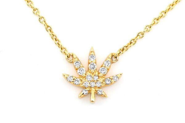 Cannabis Leaf Diamond Pendant 14k Sold Gold 0.10ctw W/ Necklace Connected