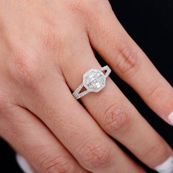 0.95ctw Octagon Halo Split Shank Diamond Engagement Ring 14k Solid Gold - All Natural