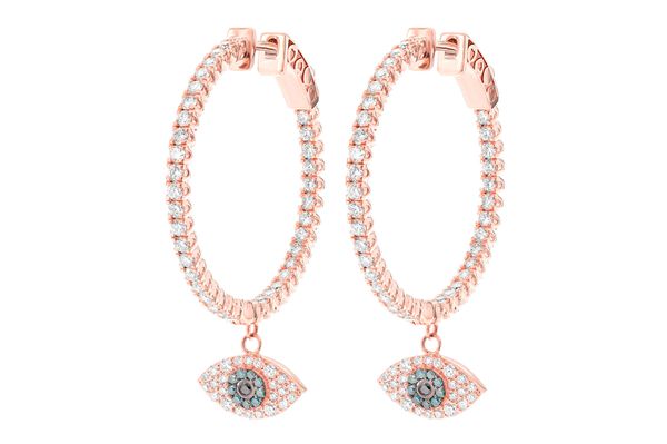 Evil Eye Dangling Diamond Hoops 14k Solid Gold 2.00ctw