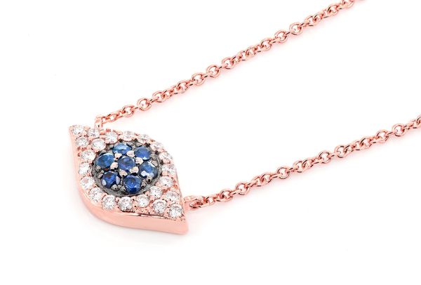 Evil Eye Sapphire & Diamond Necklace 14k Solid Gold 0.20ctw