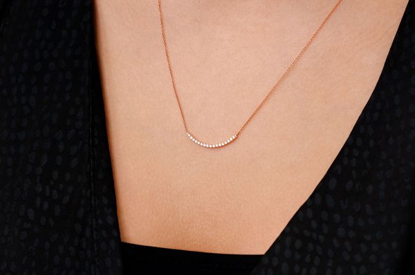 Curved Bar Diamond Necklace Connected 14k Solid Gold 0.15ctw