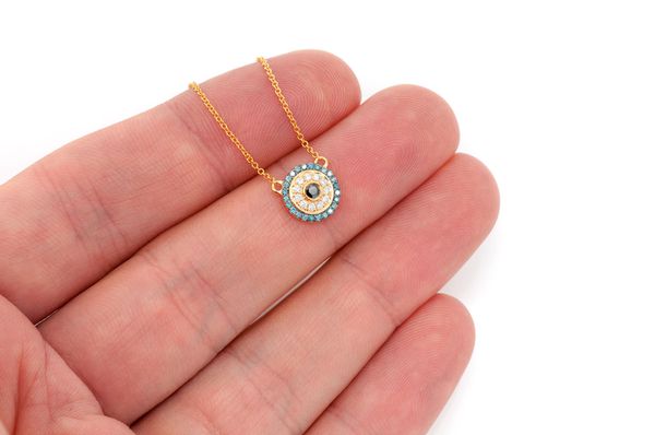 Round Evil Eye Diamond Necklace Connected 14k Solid Gold 0.25ctw