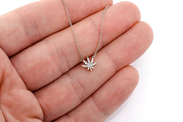 Cannabis Leaf Diamond Pendant 14k Sold Gold 0.10ctw W/ Necklace Connected