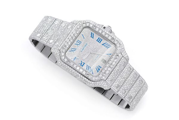 Icebox Cartier Santos De Cartier Steel 40MM 4072 20.50ctw Fully Iced Out Custom Blue Enamel Pave Dial