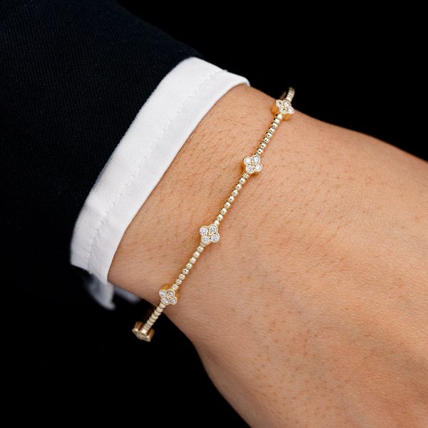 Beaded And Diamond Clover Milgrain Flex Bangle Bracelet 0.33ctw 14k Solid Gold 