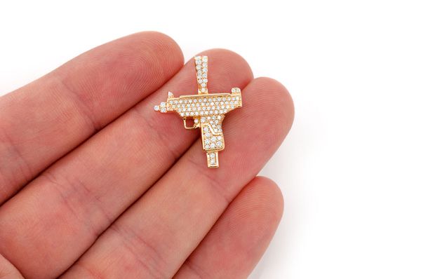 Uzi Handgun Diamond Pendant 14k Solid Gold 0.55ctw