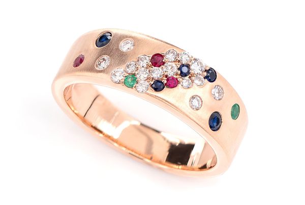 Scattered Cluster Multi Gem And Diamond Band Ring 14k Solid Gold 0.38ctw